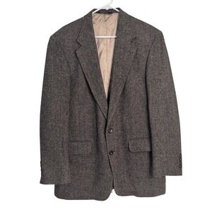 VTG Lands' End Herringbone Tweed Sport Coat Blazer Men 43L Brown Wool Lambswool